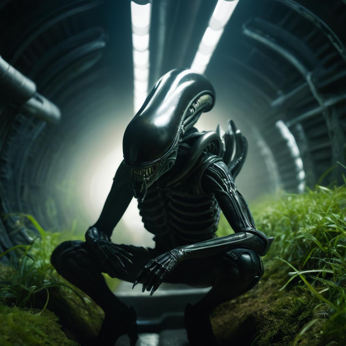 cinematic film still of  <lora:Xenomorph:1>Xenomorph  in a tunnel,endoparasitoid extraterrestrial species,solo,sitting,artist name,no humans,grass,science fiction,monster,dark , horror themed, dark themed, cinematic, film still, xenomorph style, shallow depth of field, vignette, highly detailed, high budget, bokeh, cinemascope, moody, epic, gorgeous, film grain, grainy