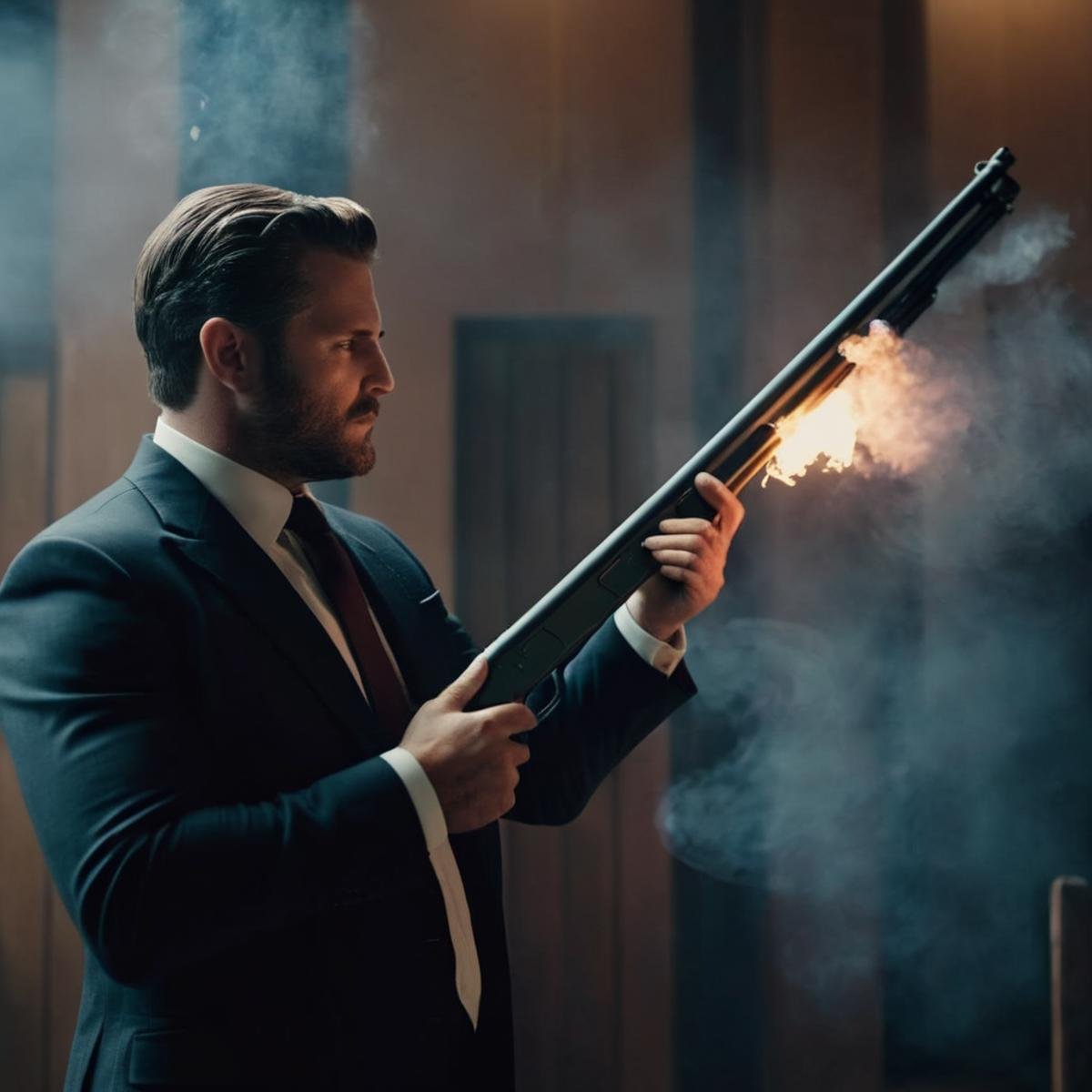 cinematic film still of  <lora:Shotgun:1.5>Shotgun a man in a suit holding a shotgun with smoke in background perfection, shallow depth of field, vignette, highly detailed, high budget, bokeh, cinemascope, moody, epic, gorgeous, film grain, grainy