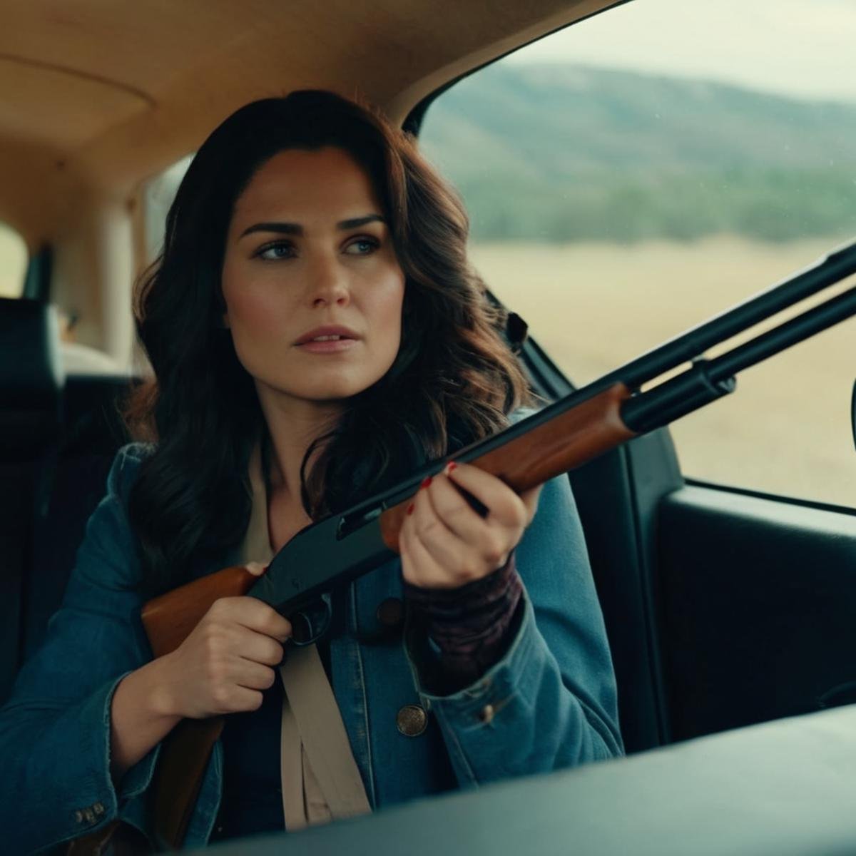 cinematic film still of  <lora:Shotgun:1.5>Shotgun a woman with a Shotgun in a car perfection, shallow depth of field, vignette, highly detailed, high budget, bokeh, cinemascope, moody, epic, gorgeous, film grain, grainy