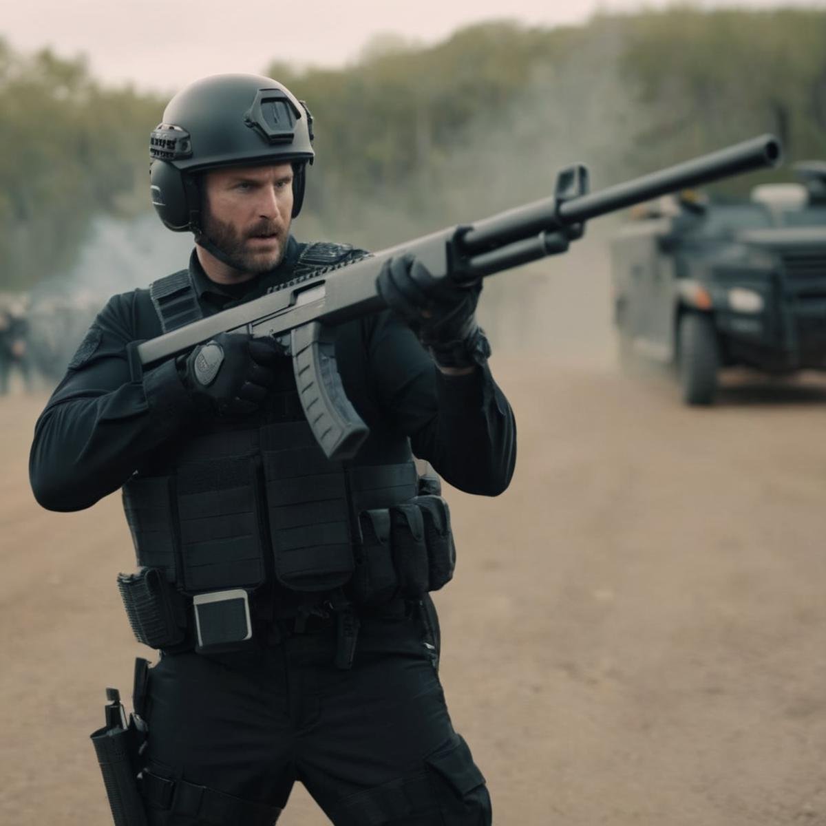 cinematic film still of  <lora:Shotgun:1.5>Shotgun a swat team man with a megaphone in his hand and a Shotgun in his other hand perfection, shallow depth of field, vignette, highly detailed, high budget, bokeh, cinemascope, moody, epic, gorgeous, film grain, grainy