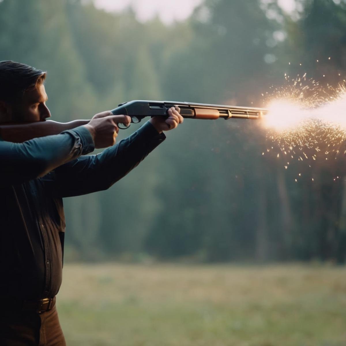 cinematic film still of  <lora:Shotgun:1.2>Shotgun a person firing a Shotgun in their hand with muzzle flash perfection, shallow depth of field, vignette, highly detailed, high budget, bokeh, cinemascope, moody, epic, gorgeous, film grain, grainy