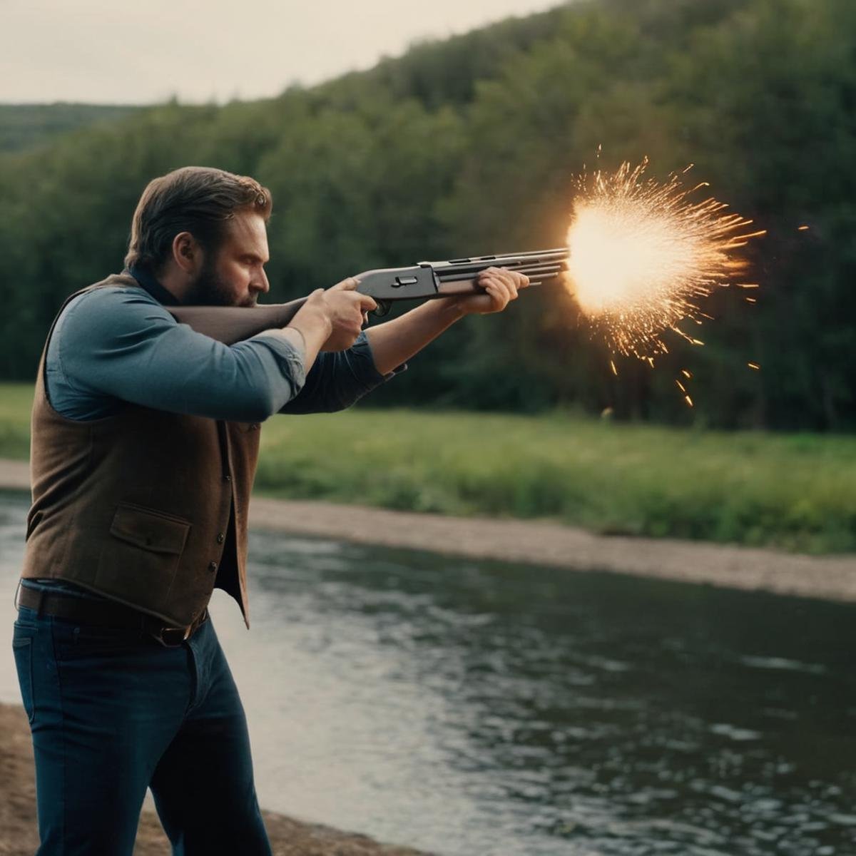 cinematic film still of  <lora:Shotgun:1.5>Shotgun a man firing a Shotgun with muzzle flash in front of a river perfection, shallow depth of field, vignette, highly detailed, high budget, bokeh, cinemascope, moody, epic, gorgeous, film grain, grainy