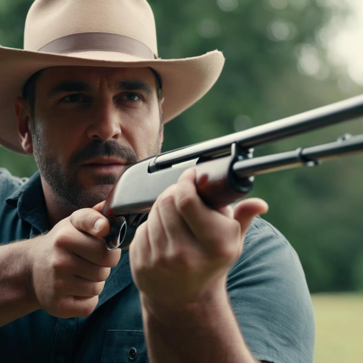 cinematic film still of  <lora:Shotgun:1.2>Shotgun a man in a hat is shooting a Shotgun perfection, shallow depth of field, vignette, highly detailed, high budget, bokeh, cinemascope, moody, epic, gorgeous, film grain, grainy