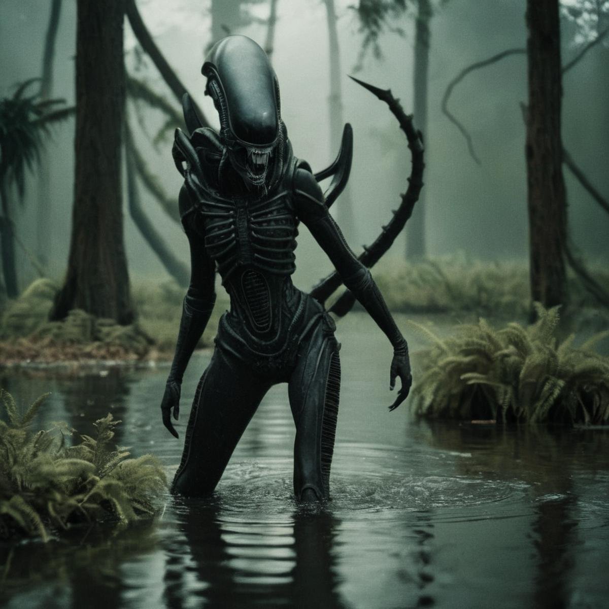 cinematic film still of  <lora:Xenomorph v2:0.9>Xenomorph a female alien with a large breast is standing in a swamp,endoparasitoid extraterrestrial species,1girl,solo,breasts,large breasts,navel,nipples,standing,nude,outdoors,teeth,pussy,water,tree,colored skin,thick thighs,abs,sharp teeth,monster girl,genderswap,nature,wading,wide hips,forest,toned , horror themed, dark themed, cinematic, film still, xenomorph style, shallow depth of field, vignette, highly detailed, high budget, bokeh, cinemascope, moody, epic, gorgeous, film grain, grainy