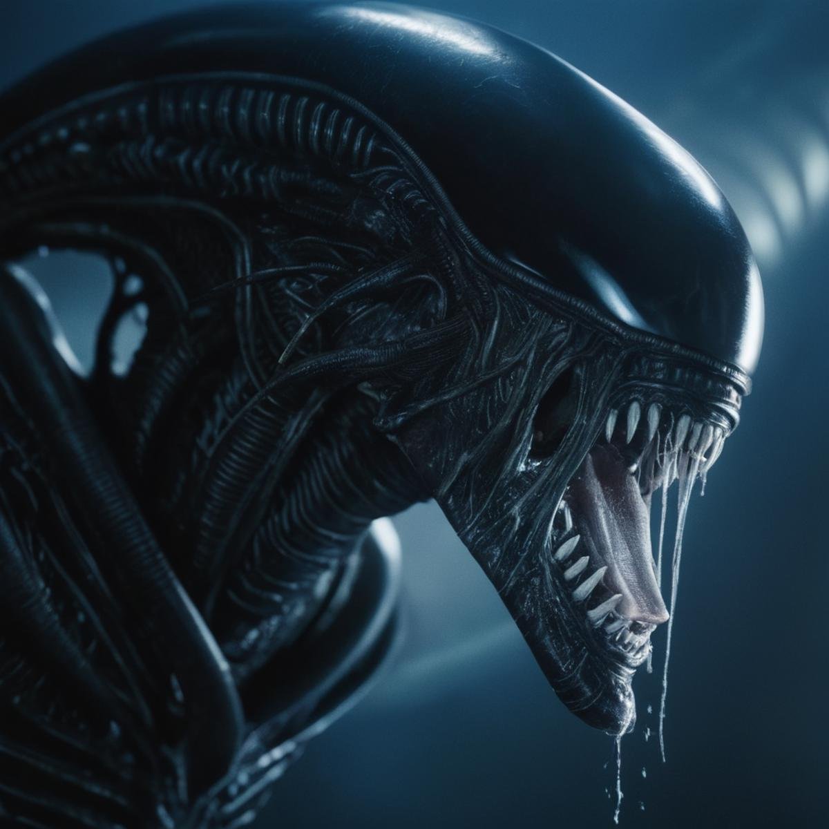 UHD, 4k, ultra detailed, cinematic, a photograph of  <lora:Xenomorph v2:0.5>Xenomorph alien with large tongue staring at camera, epic, beautiful lighting, inpsiring