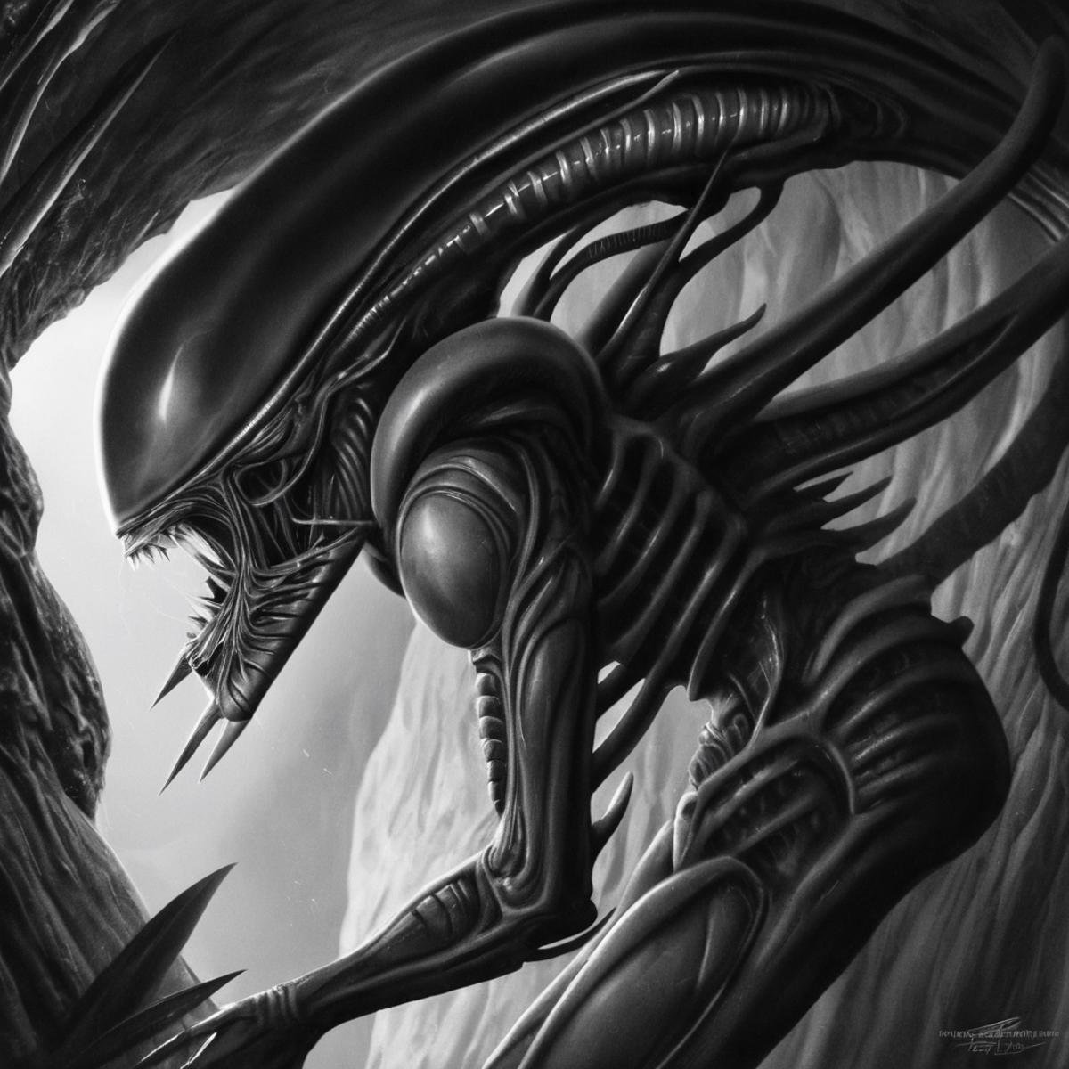 cinematic film still of  <lora:Xenomorph v2:0.9>Xenomorph a black and white drawing of a alien inside a cave,endoparasitoid extraterrestrial species,standing,tail,monochrome,full body,greyscale,teeth,artist name,signature,no humans,sharp teeth,claws,1other,monster,alien , horror themed, dark themed, cinematic, film still, xenomorph style, shallow depth of field, vignette, highly detailed, high budget, bokeh, cinemascope, moody, epic, gorgeous, film grain, grainy