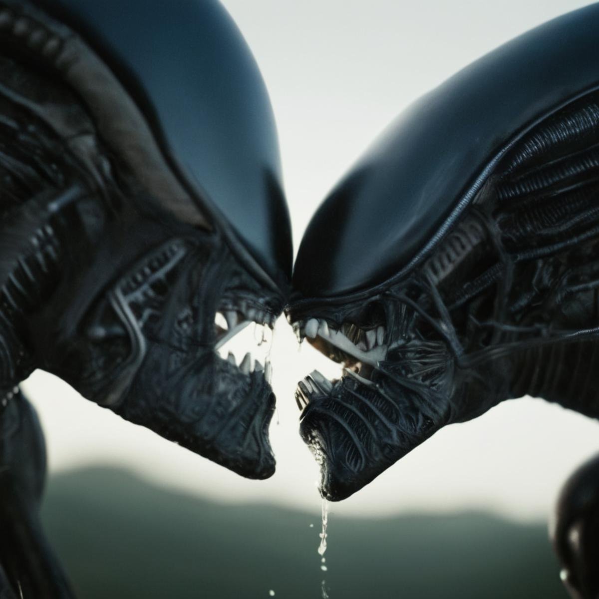 cinematic film still of  <lora:Xenomorph v2:1>Xenomorph a close up of two alien creatures kissing,endoparasitoid extraterrestrial species,open mouth,,,teeth,no humans,sharp teeth,science fiction,monster,alien , horror themed,, cinematic, film still, xenomorph style, shallow depth of field, vignette, highly detailed, high budget, bokeh, cinemascope, moody, epic, gorgeous, film grain, grainy