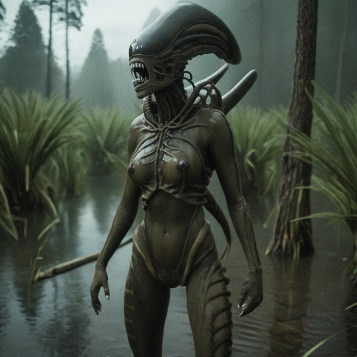 cinematic film still of  <lora:Xenomorph v2:1>Xenomorph a female alien with a large breast is standing in a swamp,endoparasitoid extraterrestrial species,1girl,solo,breasts,large breasts,navel,nipples,standing,nude,outdoors,teeth,pussy,water,tree,colored skin,thick thighs,abs,sharp teeth,monster girl,genderswap,nature,wading,wide hips,forest,toned , horror themed, dark themed, cinematic, film still, xenomorph style, shallow depth of field, vignette, highly detailed, high budget, bokeh, cinemascope, moody, epic, gorgeous, film grain, grainy