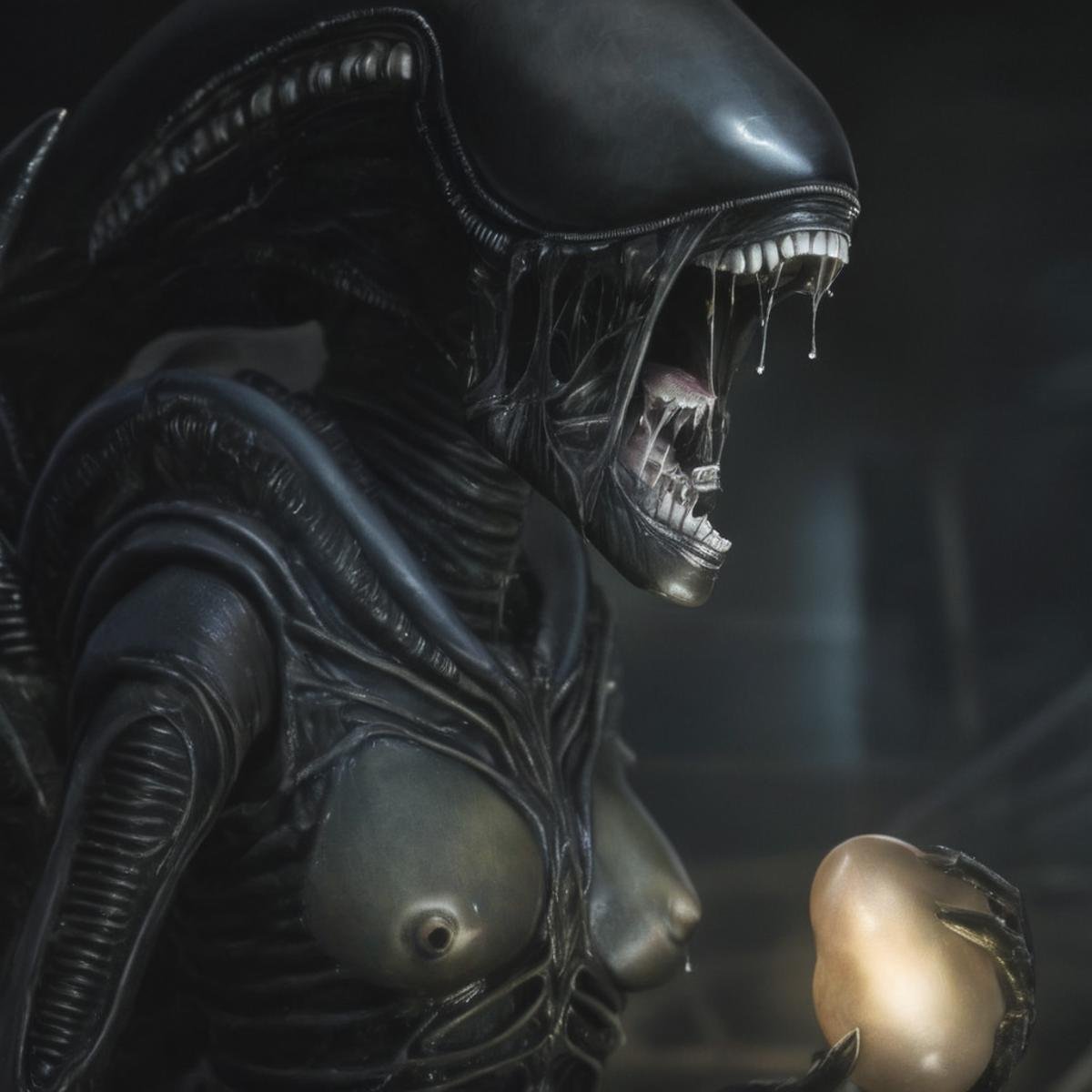 cinematic film still of  <lora:Xenomorph v2:0.9>Xenomorph a drawing of a female alien with a large breast,endoparasitoid extraterrestrial species,1girl,solo,breasts,open mouth,teeth,huge breasts,covered nipples,no humans,sharp teeth,monster girl,pasties , horror themed, dark themed, cinematic, film still, xenomorph style, shallow depth of field, vignette, highly detailed, high budget, bokeh, cinemascope, moody, epic, gorgeous, film grain, grainy