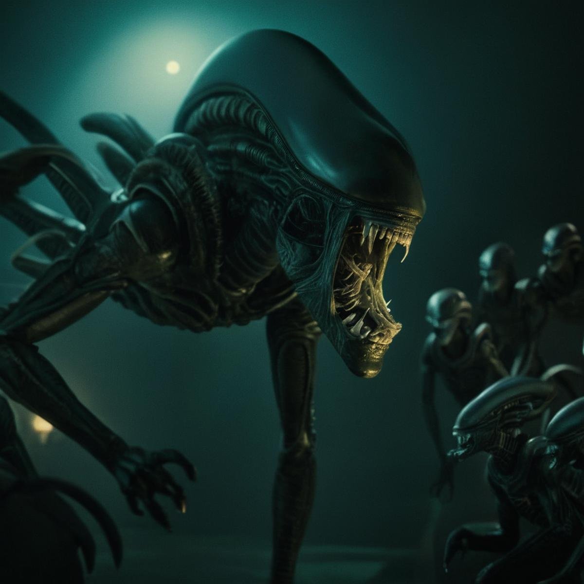 cinematic film still of  <lora:Xenomorph v2:0.8>Xenomorph a large alien creature staring at a group of smaller aliens with ray light in background,endoparasitoid extraterrestrial species,open mouth,tail,horns,teeth,tongue,signature,no humans,glowing,sharp teeth,claws,tentacles,monster,alien , horror themed, dark themed, cinematic, film still, xenomorph style, shallow depth of field, vignette, highly detailed, high budget, bokeh, cinemascope, moody, epic, gorgeous, film grain, grainy