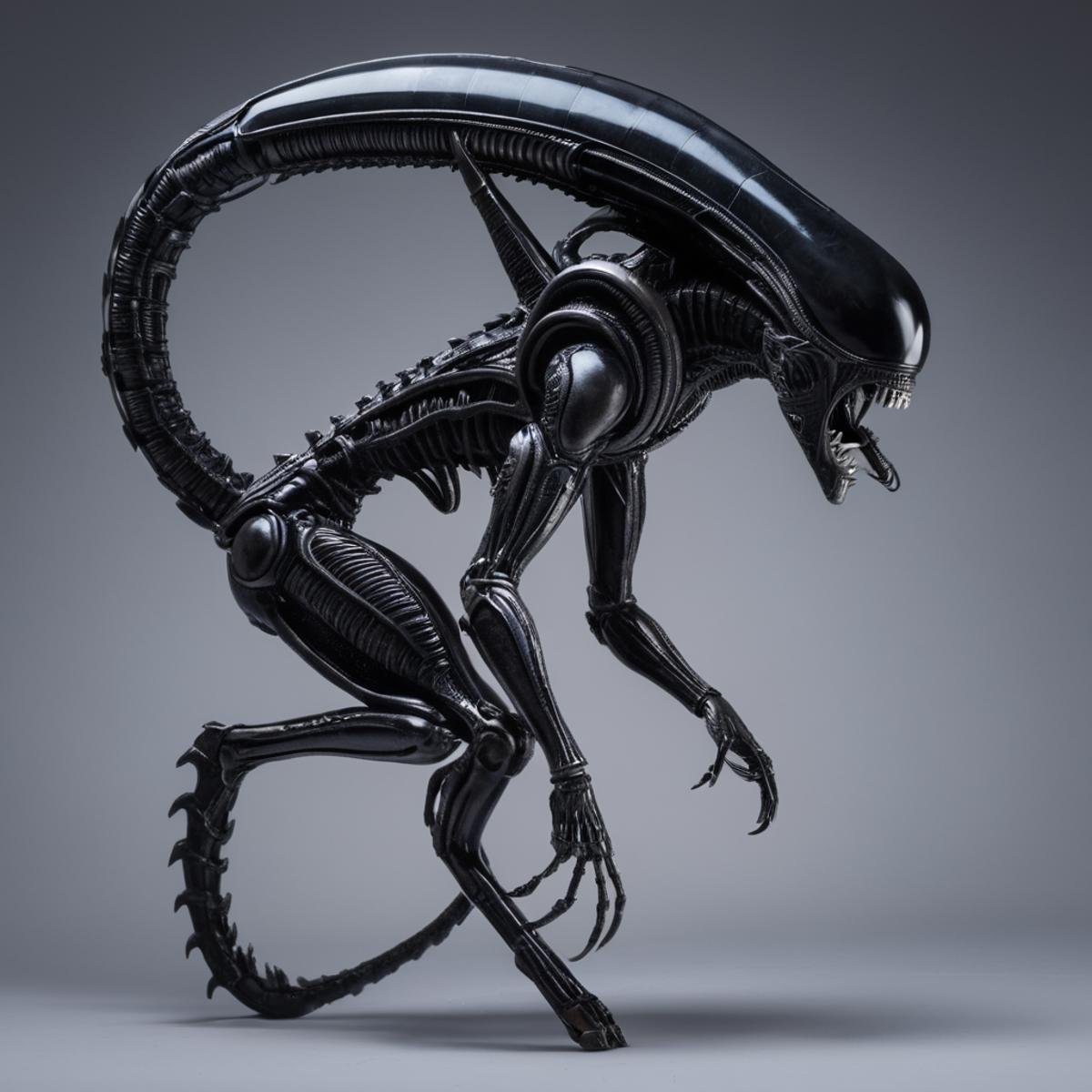 UHD, 4k, ultra detailed, cinematic, a photograph of  <lora:Xenomorph v2:0.5>Xenomorph a statue of a alien with a large head,endoparasitoid extraterrestrial species,solo,simple background,white background,standing,tail,full body,from side,no humans,robot,science fiction,monster,skeleton,alien , large tongue out, horror themed, dark themed, cinematic, film still, xenomorph style, epic, beautiful lighting, inpsiring