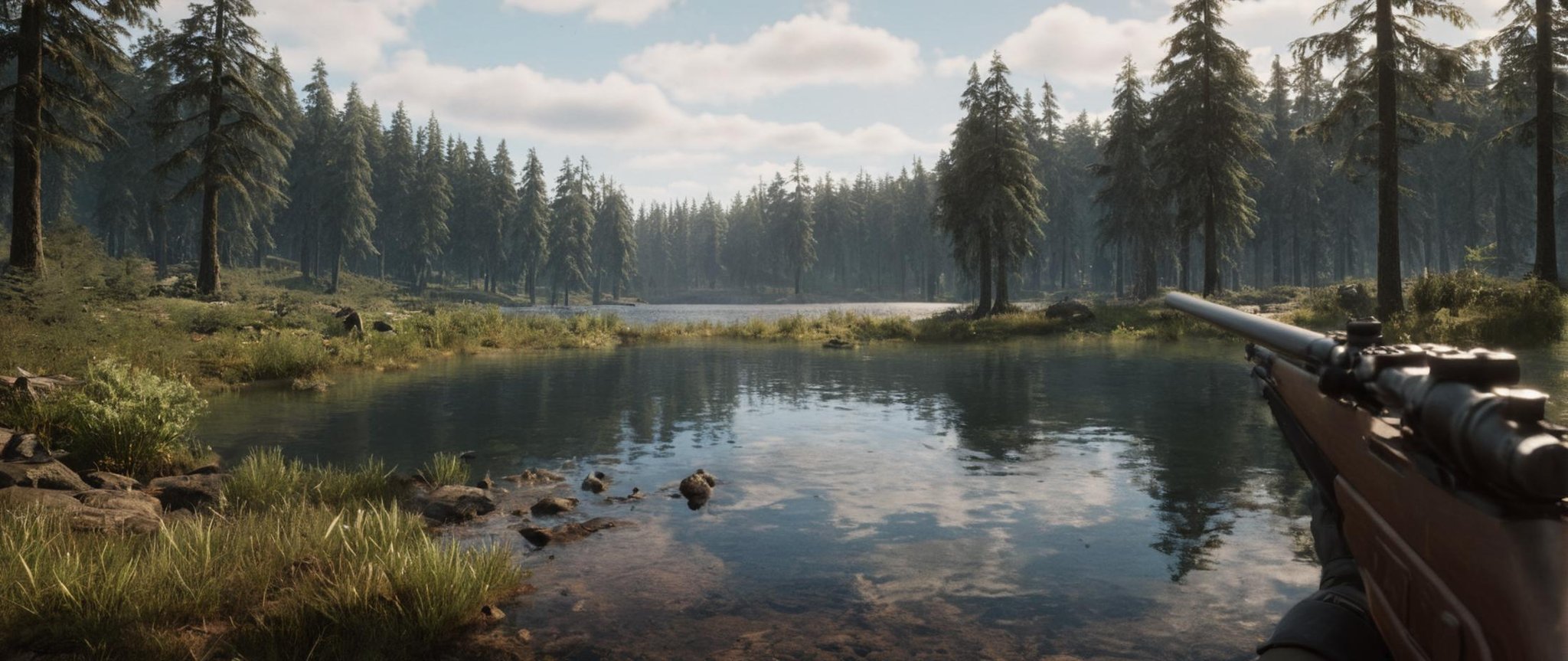 cinematic film still of  <lora:add-detail-xl:1><lora:Unreal Engine style:1> In Unreal Engine style, sharp detailed photo of <lora:Modern Warfare style:1>POV point of view a rifle is pointed at a lake in a forest modern warfare style,outdoors,sky,day,cloud,signature,water,tree,no humans,animal,cat,cloudy sky,grass,nature,scenery,black cat, shallow depth of field, vignette, highly detailed, high budget, bokeh, cinemascope, moody, epic, gorgeous, film grain, grainy