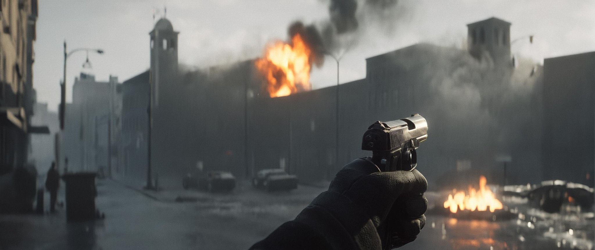 cinematic film still of  <lora:add-detail-xl:1><lora:Unreal Engine style:1> In Unreal Engine style, sharp detailed photo of <lora:Modern Warfare style:1>a pov point of view of a person with a hand gun pistol is standing in front of a fire on city streets modern warfare style,fire,ground vehicle,building,scenery,motor vehicle,smoke,car,burning, shallow depth of field, vignette, highly detailed, high budget, bokeh, cinemascope, moody, epic, gorgeous, film grain, grainy