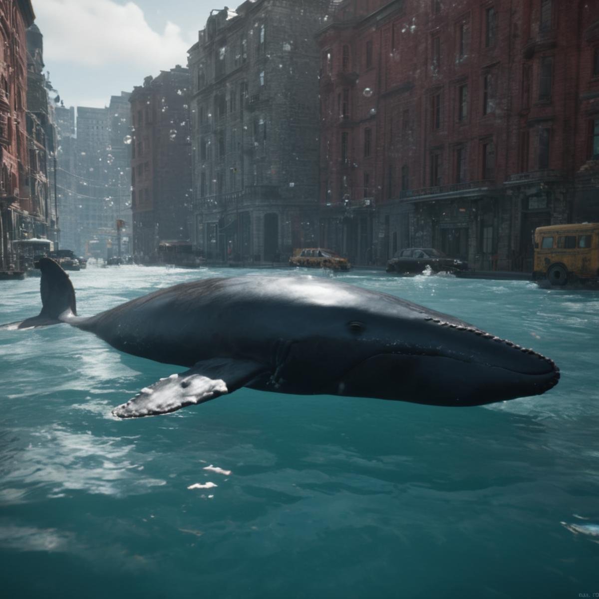 cinematic film still of  <lora:Unreal Engine style:1>An Unreal Engine image of a whale floating in the water in a city,no humans,animal,building,scenery,fish,science fiction,bubble,underwater,fantasy,air bubble , realistic, realism, photorealism, hyperrealism, hyperrealistic, realistic, sharp, detailed, cinematography style, film light style, movie still,  professional photography, artistic, perfection, contrast, cinematic, filmic, high quality photo,  8k quality, colorful, photography style, 3D computer graphics, Blender, 3ds Max, Maya, Cinema 4D, ZBrush, AutoCAD, LightWave 3D, Adobe Dimension, virtual reality, 3d, different people, different characters, different models, detailed eyes, detailed nose, detailed ears, detailed environment, detailed body, detailed face, detailed nipples, detailed breasts, detailed feet, detailed hands, perfect, perfection, epic, awesome, Interactive, Cybernetics, different lighting, light, Video games, Film and television, Unreal, real-time 3D,  Epic Games style, Unreal Engine style, shallow depth of field, vignette, highly detailed, high budget, bokeh, cinemascope, moody, epic, gorgeous, film grain, grainy