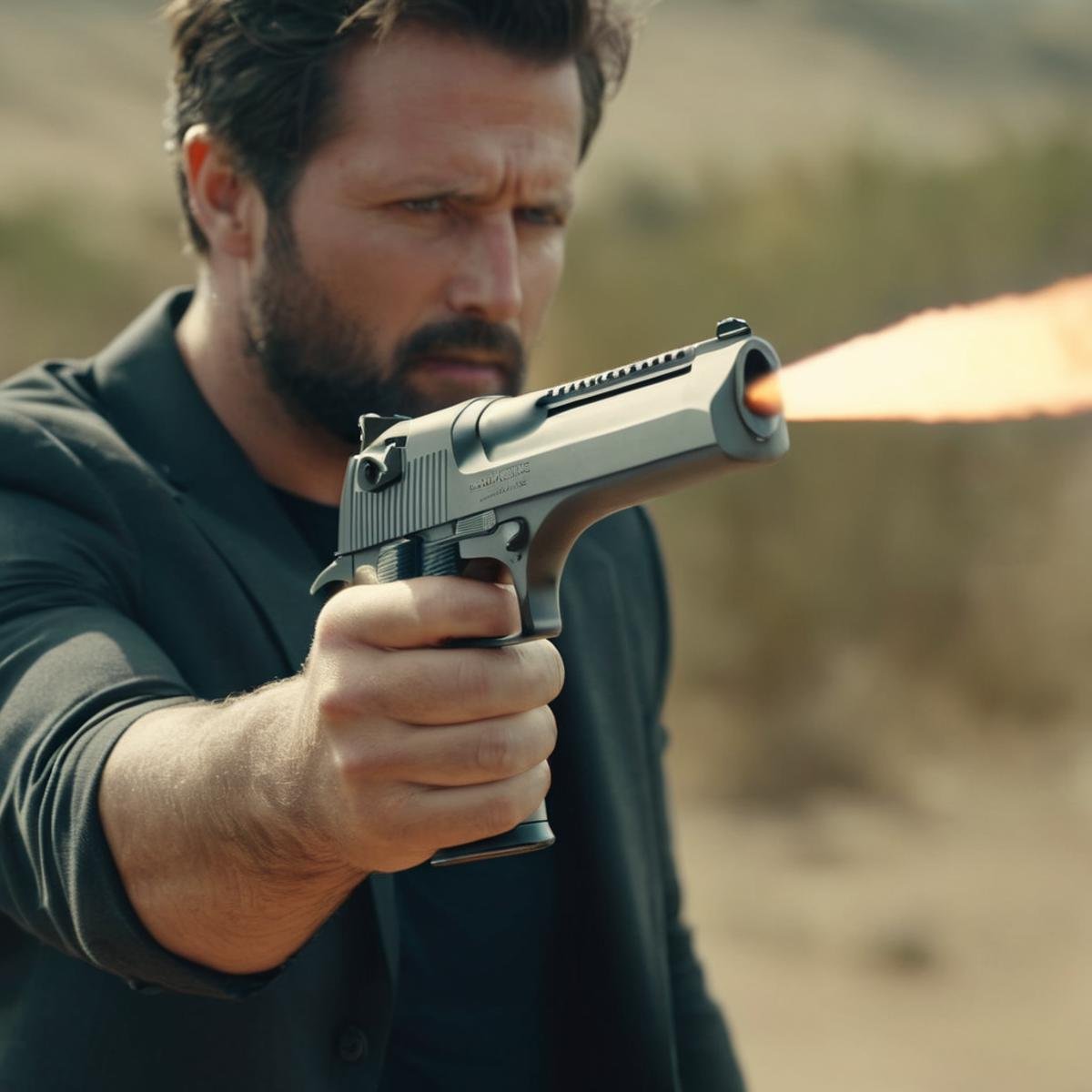 cinematic film still of  <lora:Desert Eagle:1.2>a man firing a gun with a shell casing in air Desert Eagle pistol, shallow depth of field, vignette, highly detailed, high budget, bokeh, cinemascope, moody, epic, gorgeous, film grain, grainy