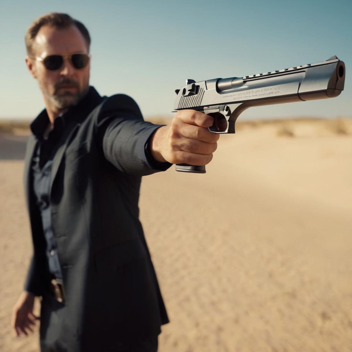 cinematic film still of  <lora:Desert Eagle:1.2>a man pointing a gun at the camera Desert Eagle pistol, shallow depth of field, vignette, highly detailed, high budget, bokeh, cinemascope, moody, epic, gorgeous, film grain, grainy