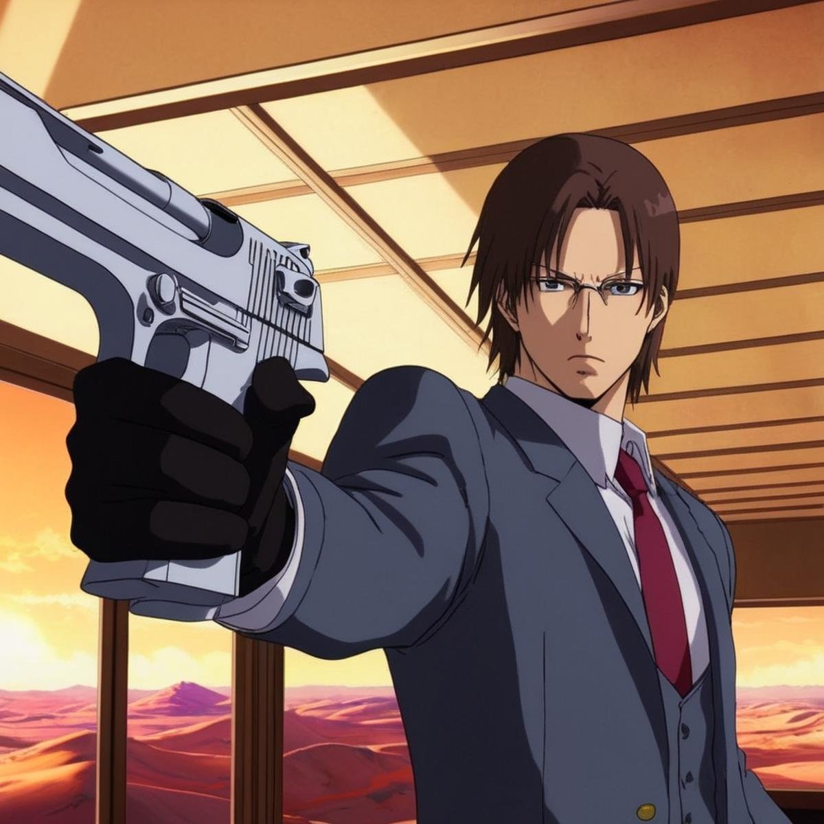 anime artwork of  <lora:Desert Eagle:1.2>a man holding a gun in a room Desert Eagle pistol, anime style, key visual, vibrant, studio anime,  highly detailed