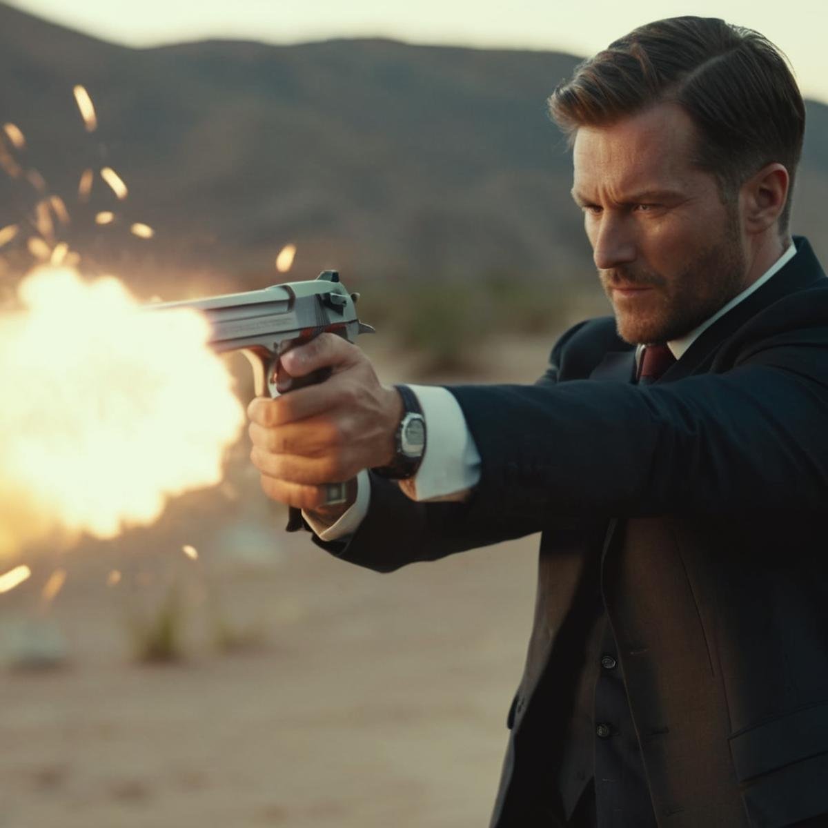 cinematic film still of  <lora:Desert Eagle:1.2>a man in a suit shooting a gun with muzzle flash Desert Eagle pistol, shallow depth of field, vignette, highly detailed, high budget, bokeh, cinemascope, moody, epic, gorgeous, film grain, grainy