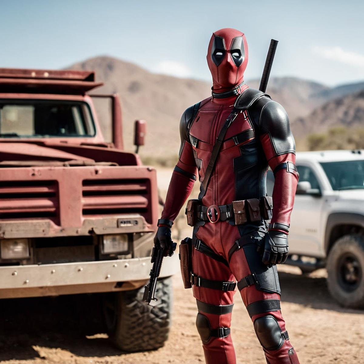 cinematic film still of  <lora:Desert Eagle:1.2>a deadpool man standing next to a truck with two_guns Desert Eagle pistol, shallow depth of field, vignette, highly detailed, high budget, bokeh, cinemascope, moody, epic, gorgeous, film grain, grainy