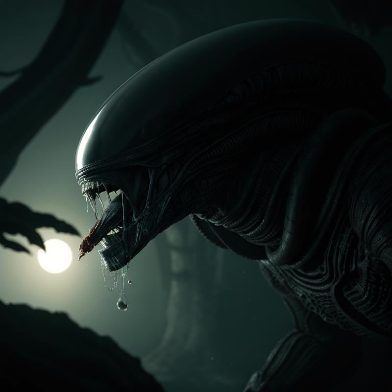 cinematic film still of  <lora:xenomorph style SD1.5:1>Xenomorph a close up of a alien with it's tongue out,endoparasitoid extraterrestrial species,solo,open mouth,teeth,tongue,blurry,from side,no humans,blurry background,fangs,sharp teeth,nature,forest,monster,realistic,alien , horror themed, dark themed, cinematic, film still, xenomorph style, shallow depth of field, vignette, highly detailed, high budget, bokeh, cinemascope, moody, epic, gorgeous, film grain, grainy