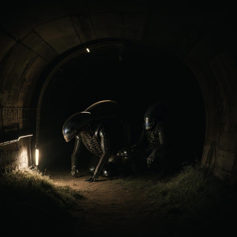 cinematic film still of  <lora:xenomorph style SD1.5:1>Xenomorph an alien crawling in a tunnel,endoparasitoid extraterrestrial species,solo,sitting,artist name,no humans,grass,science fiction,monster,dark , horror themed, dark themed, cinematic, film still, xenomorph style, shallow depth of field, vignette, highly detailed, high budget, bokeh, cinemascope, moody, epic, gorgeous, film grain, grainy