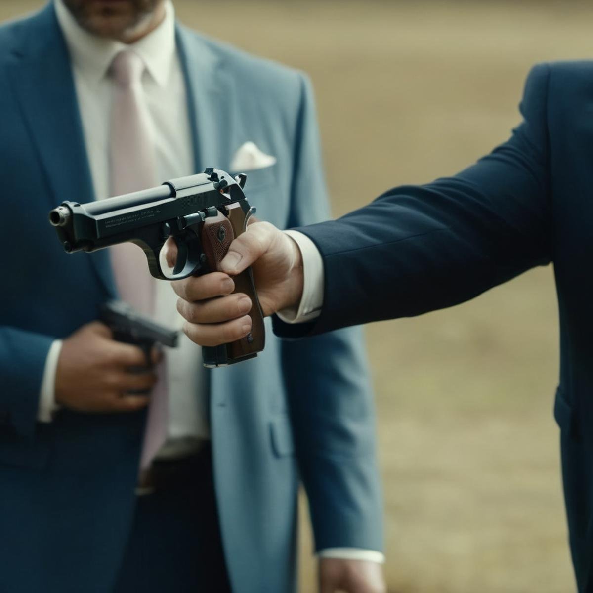 cinematic film still of  <lora:Beretta 92FS:1.2>Beretta 92FS a man in a suit holding a gun perfection <lora:Perfect Hands:1> Perfect Hands, shallow depth of field, vignette, highly detailed, high budget, bokeh, cinemascope, moody, epic, gorgeous, film grain, grainy