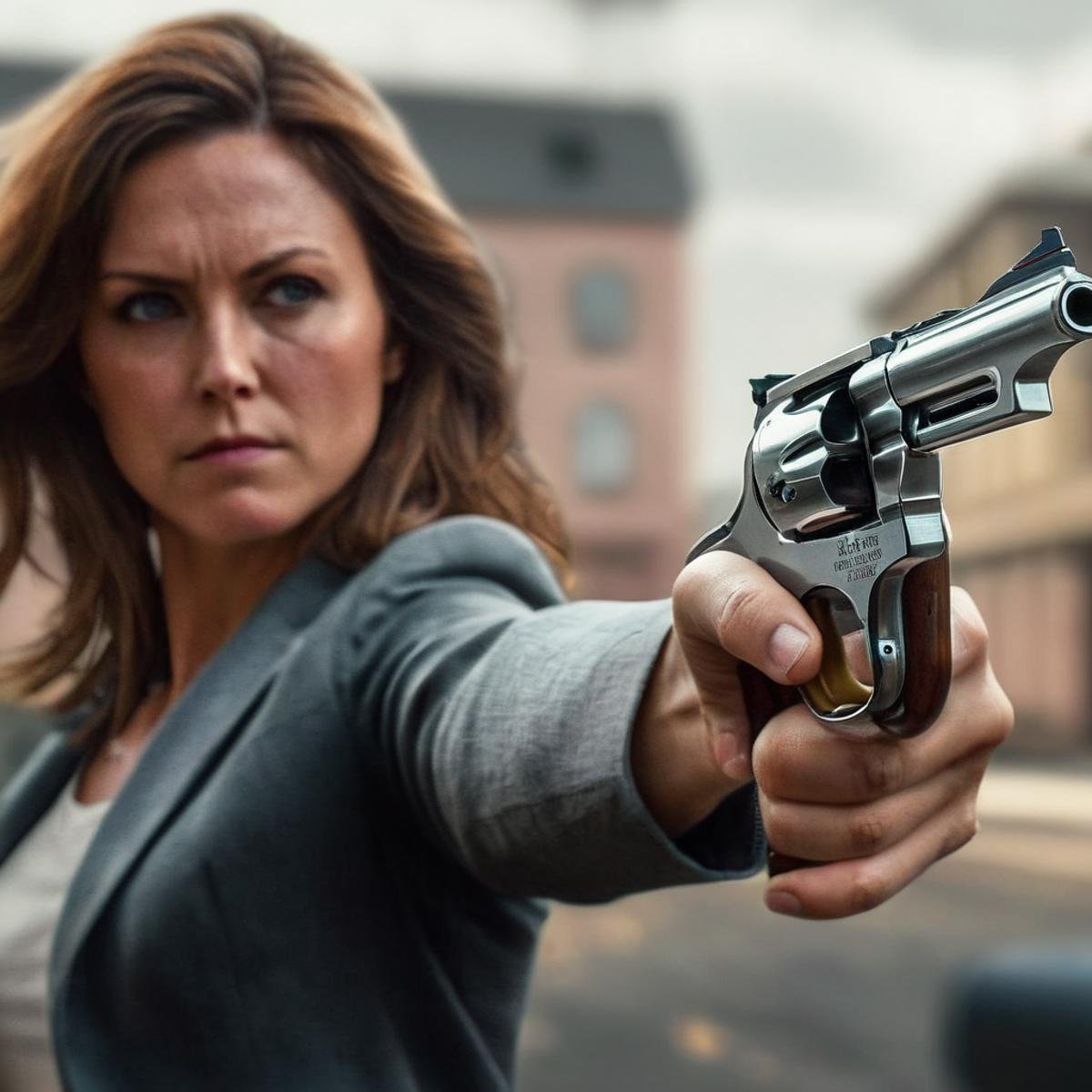 Hyperrealistic art of  <lora:0.44 magnum revolver:1.2>0.44 magnum revolver a woman aiming a gun in font of camera perfection, Extremely high-resolution details, photographic, realism pushed to extreme, fine texture, incredibly lifelike