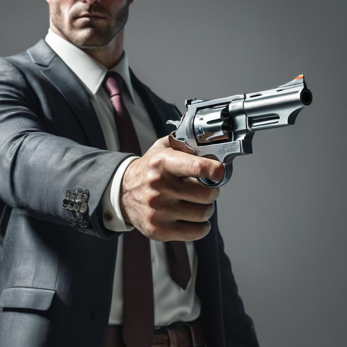 Hyperrealistic art of  <lora:0.44 magnum revolver:1.2>0.44 magnum revolver a man in a suit aiming a gun perfection, Extremely high-resolution details, photographic, realism pushed to extreme, fine texture, incredibly lifelike