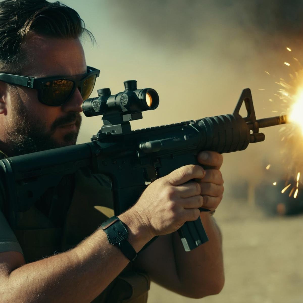 cinematic film still of  <lora:M16 Rifle series:1.2>M16 Rifle series a man shooting a gun with a big muzzle flash fire coming from gun barrel perfection, shallow depth of field, vignette, highly detailed, high budget, bokeh, cinemascope, moody, epic, gorgeous, film grain, grainy