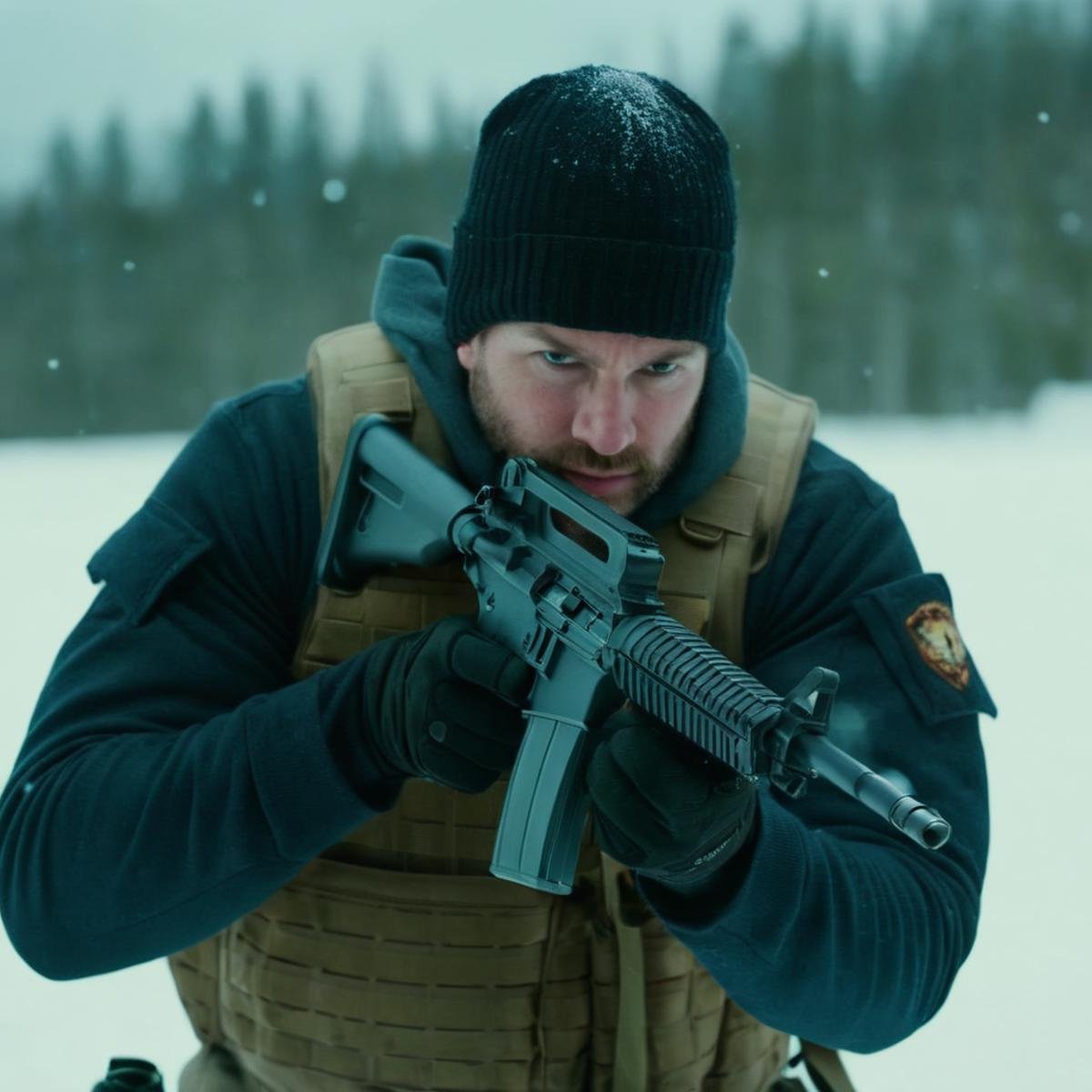 cinematic film still of  <lora:M16 Rifle series:1.2>M16 Rifle series a man with a gun rifle in the snow perfection, shallow depth of field, vignette, highly detailed, high budget, bokeh, cinemascope, moody, epic, gorgeous, film grain, grainy