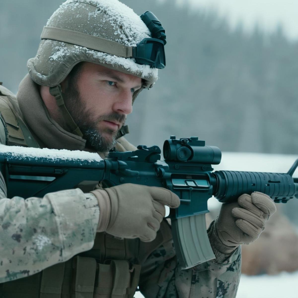 cinematic film still of  <lora:M16 Rifle series:1.2>M16 Rifle series a man in camouflage holding a rifle in the snow perfection, shallow depth of field, vignette, highly detailed, high budget, bokeh, cinemascope, moody, epic, gorgeous, film grain, grainy