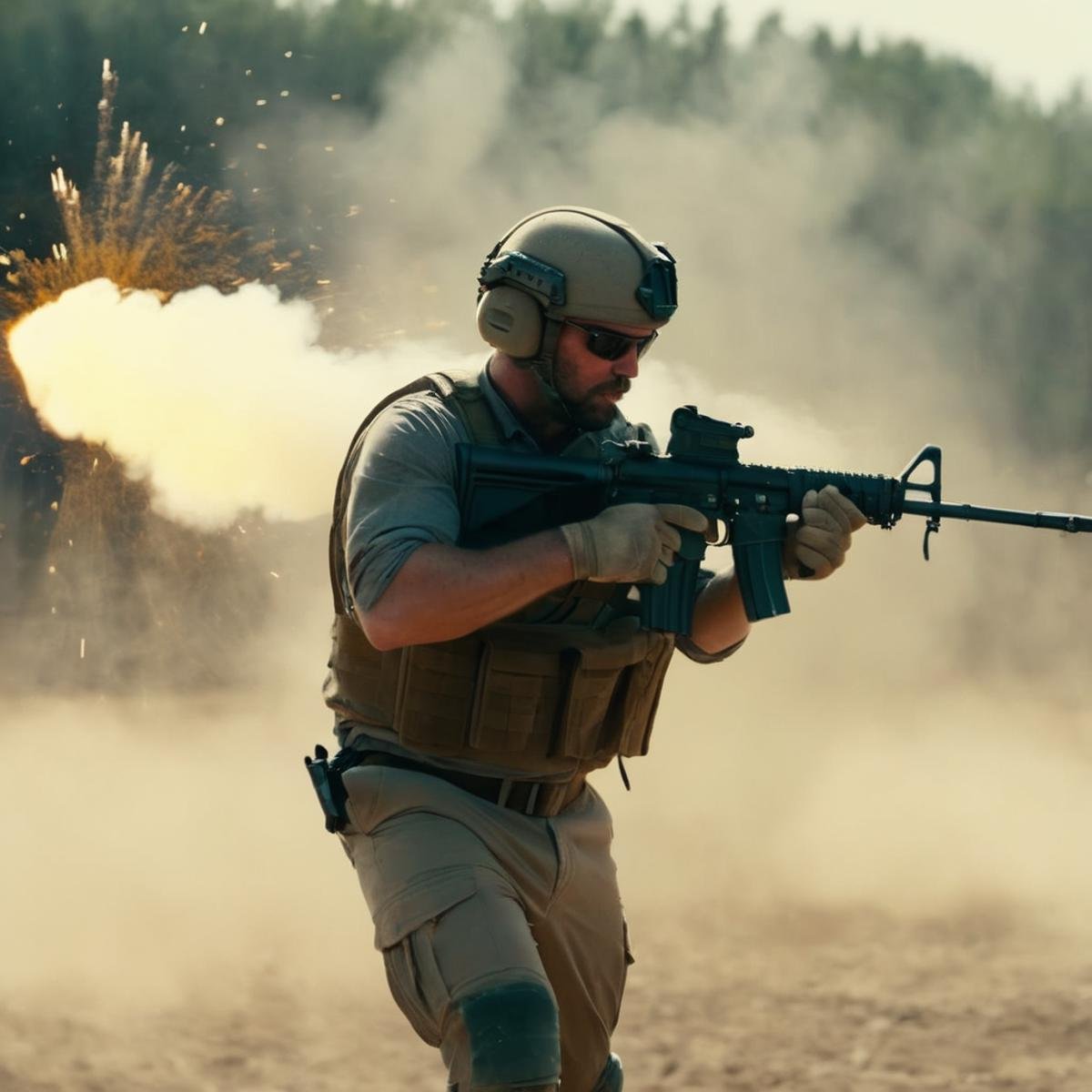 cinematic film still of  <lora:M16 Rifle series:1.2>M16 Rifle series a man holding a machine gun in an exploding field with dust and exploding particles flying around perfection, shallow depth of field, vignette, highly detailed, high budget, bokeh, cinemascope, moody, epic, gorgeous, film grain, grainy