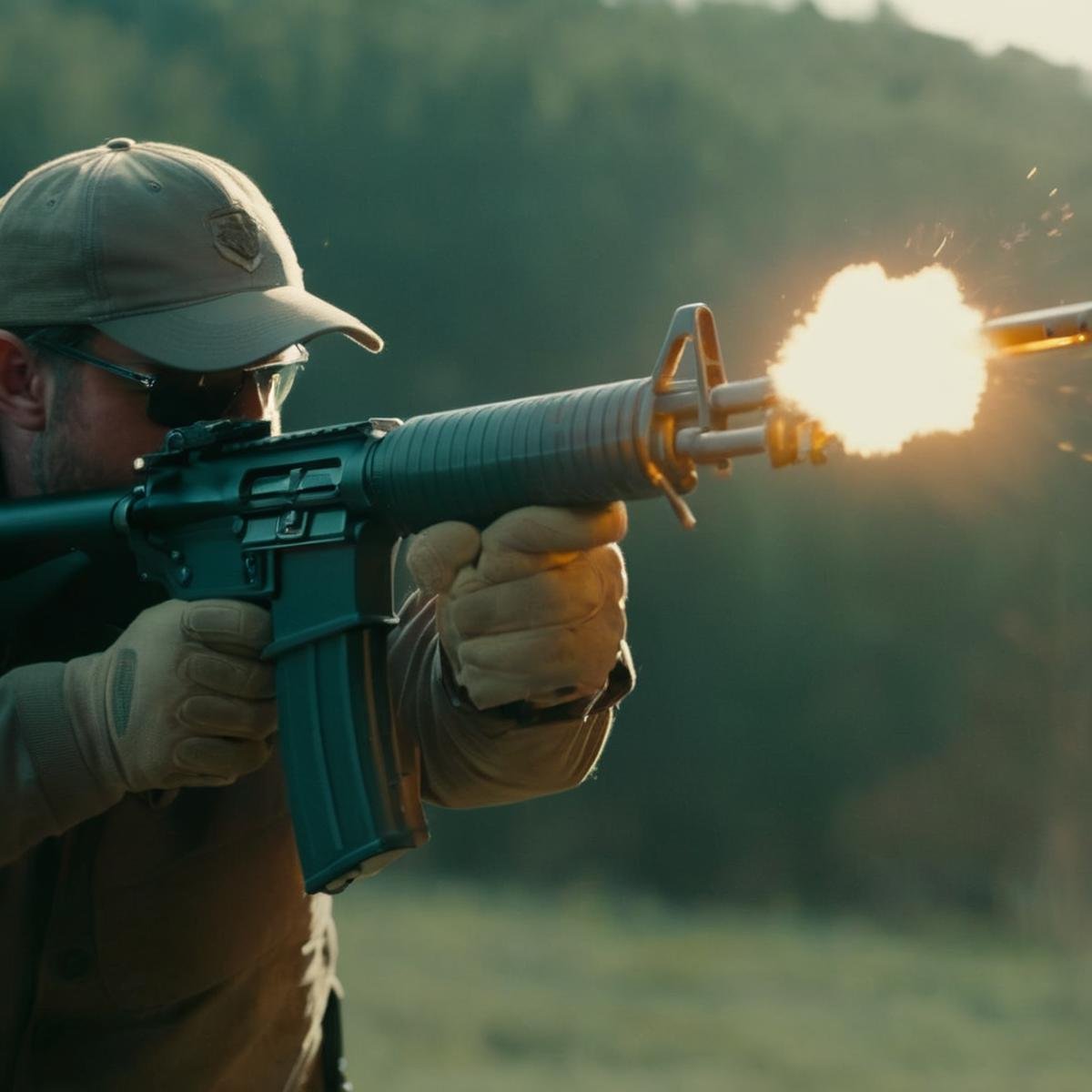 cinematic film still of  <lora:M16 Rifle series:1.2>M16 Rifle series a man shooting a gun with a big muzzle flash fire coming from gun barrel perfection, shallow depth of field, vignette, highly detailed, high budget, bokeh, cinemascope, moody, epic, gorgeous, film grain, grainy