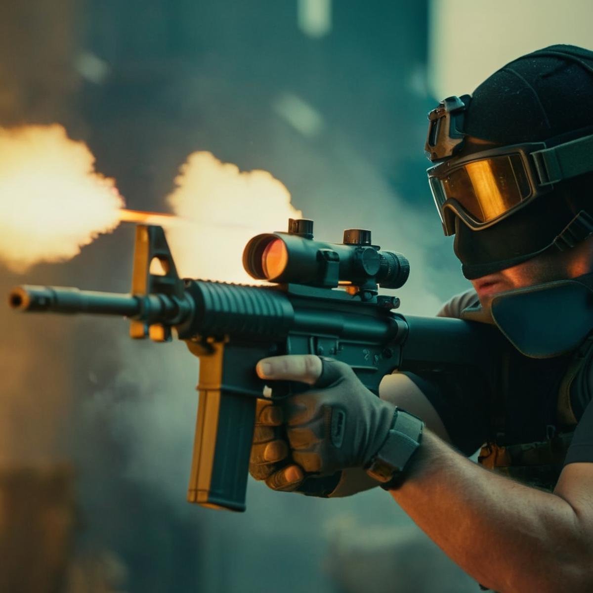 cinematic film still of  <lora:M16 Rifle series:1.2>M16 Rifle series a man is shooting a gun rifle with a cinematic muzzle flash from gun barrel perfection, shallow depth of field, vignette, highly detailed, high budget, bokeh, cinemascope, moody, epic, gorgeous, film grain, grainy