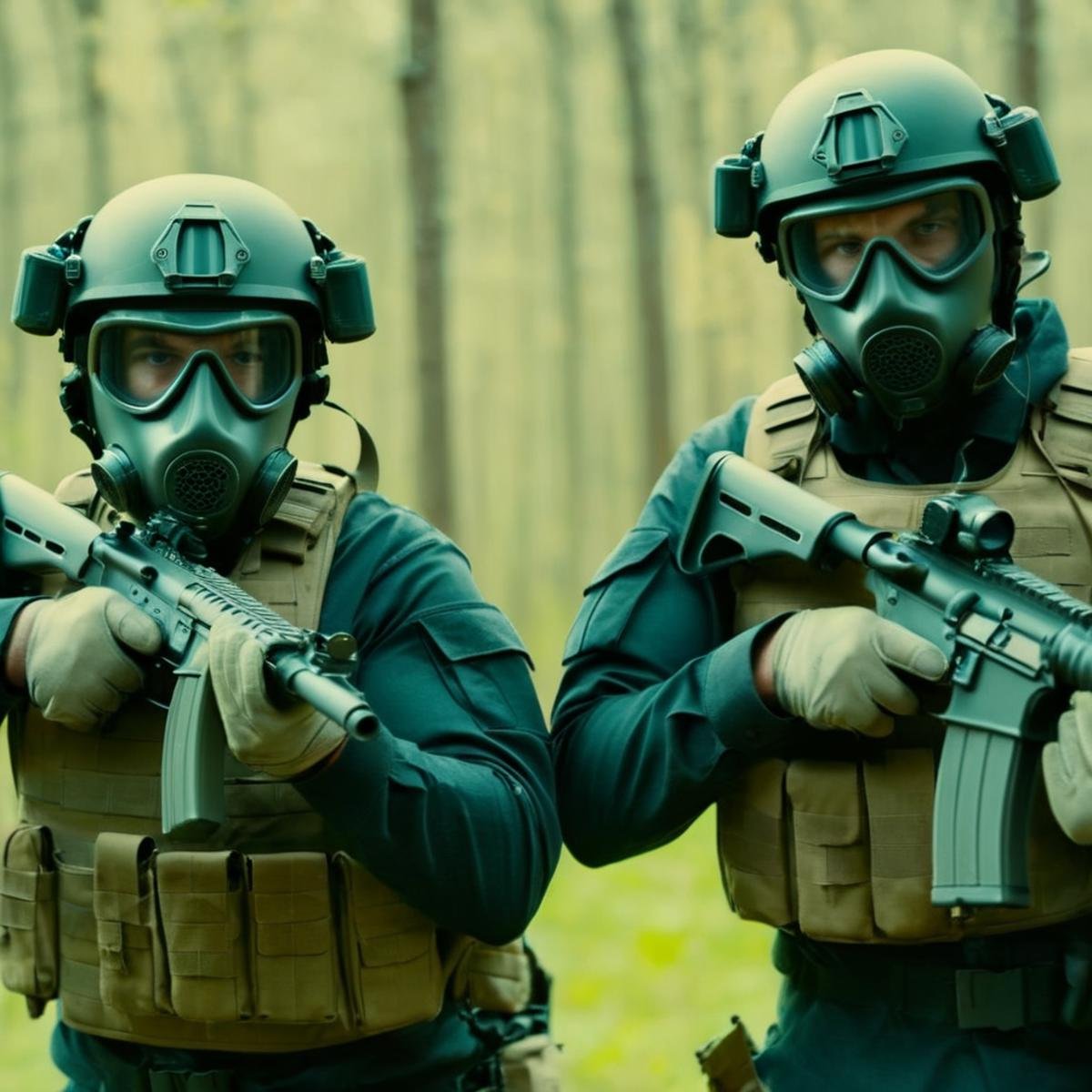 cinematic film still of  <lora:M16 Rifle series:1.2>M16 Rifle series two soldiers in gas masks and gun rifle perfection, shallow depth of field, vignette, highly detailed, high budget, bokeh, cinemascope, moody, epic, gorgeous, film grain, grainy