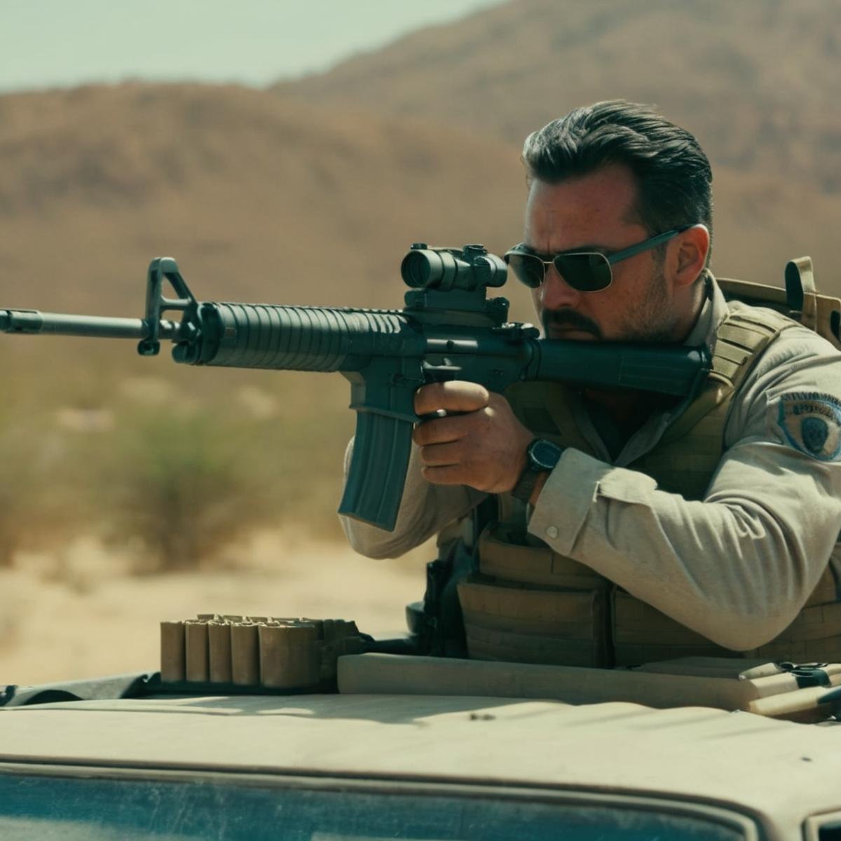 cinematic film still of  <lora:M16 Rifle series:1.2>M16 Rifle series a man with an aimed gun on top of a vehicle in Mexican desert car chase movie scene perfection, shallow depth of field, vignette, highly detailed, high budget, bokeh, cinemascope, moody, epic, gorgeous, film grain, grainy