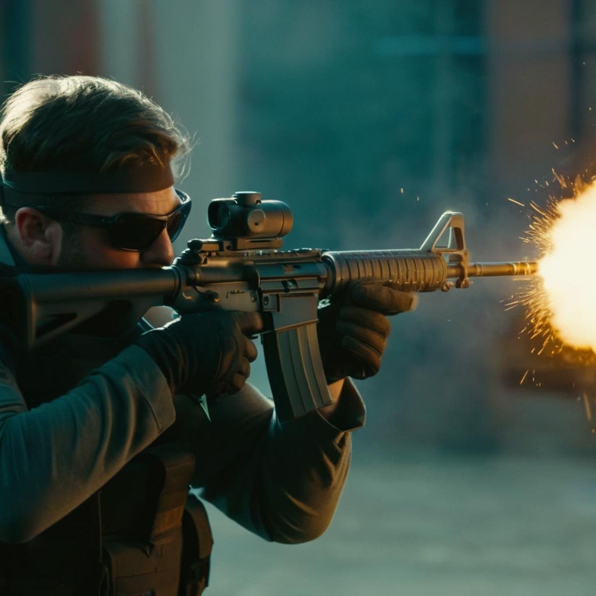 cinematic film still of  <lora:M16 Rifle series:1.2>M16 Rifle series a man is shooting a gun rifle with a cinematic muzzle flash from gun barrel perfection, shallow depth of field, vignette, highly detailed, high budget, bokeh, cinemascope, moody, epic, gorgeous, film grain, grainy