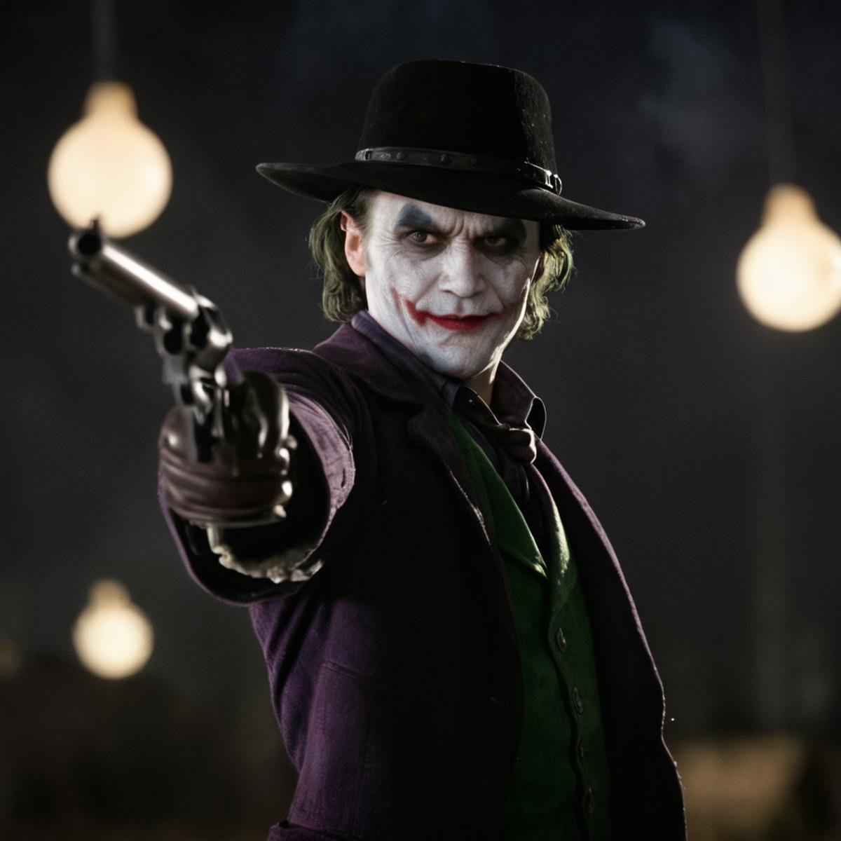 cinematic film still of  <lora:Colt revolver handgun:0.8>a man dressed as the joker holding a gun,solo,looking at viewer,smile,black hair,gloves,1boy,hat,holding,jacket,weapon,male focus,holding weapon,grin,blurry,black eyes,gun,plaid,night,blurry background,holding gun,mustache,clown , gun, handgun, pistol, revolver, wild west, western, red dead redemption style, Colt Single Action revolver handgun, very long barrel gun, large barrel revolver <lora:Perfect Hands:1>, shallow depth of field, vignette, highly detailed, high budget, bokeh, cinemascope, moody, epic, gorgeous, film grain, grainy