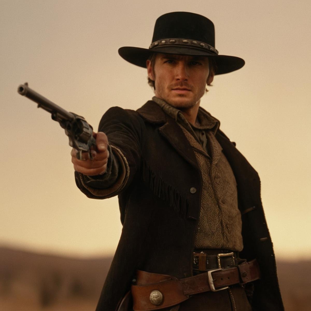 cinematic film still of  <lora:Colt revolver handgun:0.8>a man in a hat holding a gun,solo,1boy,hat,holding,male focus,belt,coat,black headwear,brown background , gun, handgun, pistol, revolver, wild west, western, red dead redemption style, Colt Single Action revolver handgun, gunslinger, reloading gun, sheriff, shallow depth of field, vignette, highly detailed, high budget, bokeh, cinemascope, moody, epic, gorgeous, film grain, grainy