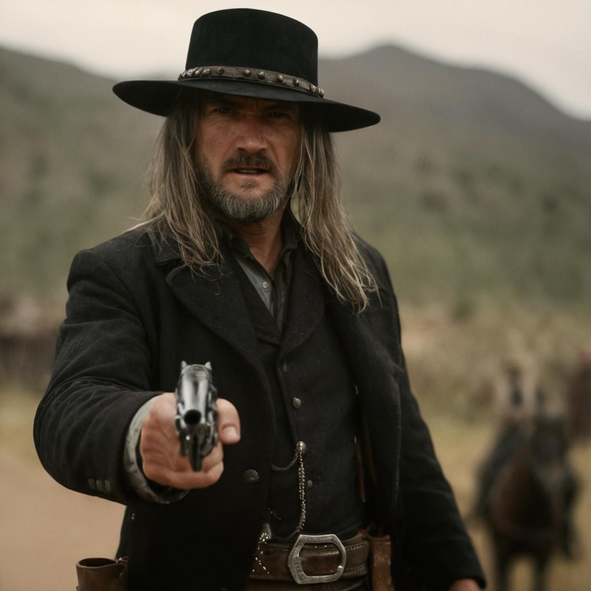 cinematic film still of  <lora:Colt revolver handgun:0.8>a man with a hat and long hair,solo,looking at viewer,1boy,hat,male focus,teeth,blurry,facial hair,clenched teeth,portrait,beard,realistic,mustache , gun, handgun, pistol, revolver, wild west, western, red dead redemption style, Colt Single Action revolver handgun, rain, closeup, grin, teeth grin, angry, old, grey hair, The Saint of Killers, shallow depth of field, vignette, highly detailed, high budget, bokeh, cinemascope, moody, epic, gorgeous, film grain, grainy