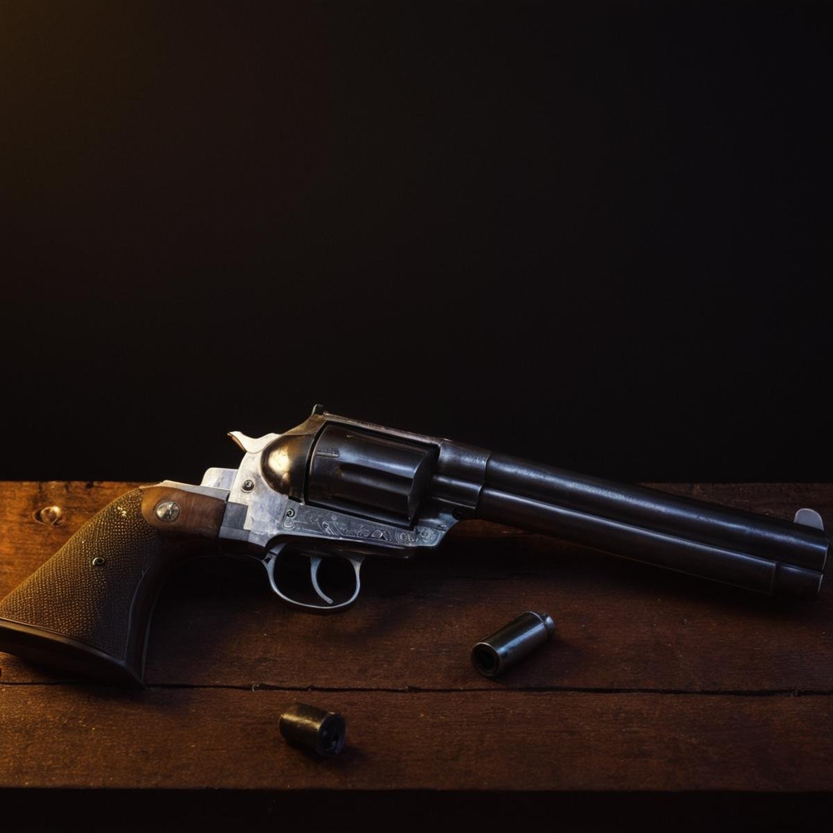 Neon noir,  <lora:Colt revolver handgun:1>a gun on a table with a black background,simple background,weapon,gun,no humans,handgun,brown background,bullet,magazine (weapon),brown theme,still life , gun, handgun, pistol, revolver, wild west, western, red dead redemption style, Colt Single Action revolver handgun, Cyberpunk, dark, rainy streets, neon signs, high contrast, low light, vibrant, highly detailed