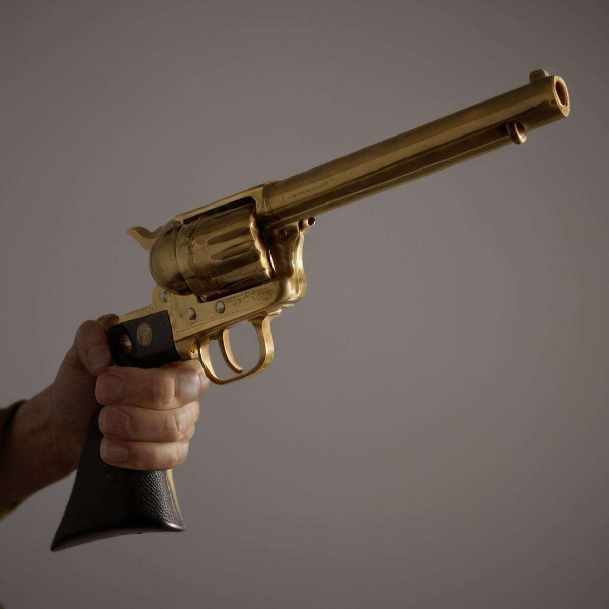 cinematic film still of  <lora:Colt revolver handgun:0.8>a person holding a perfect cosmetic golden gun in their hand,simple background,white background,holding,weapon,holding weapon,gun,no humans,holding gun,handgun,realistic,revolver,still life , gun, handgun, pistol, revolver, wild west, western, red dead redemption style, Colt Single Action revolver handgun, perfect hand grip <lora:Perfect Hands:1>, shallow depth of field, vignette, highly detailed, high budget, bokeh, cinemascope, moody, epic, gorgeous, film grain, grainy