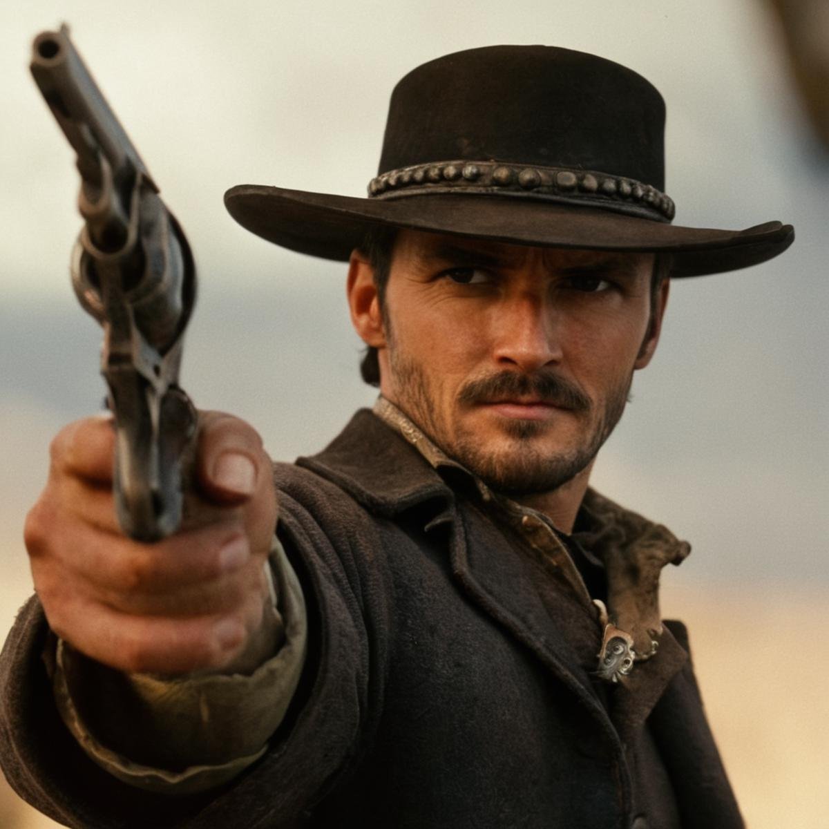 cinematic film still of  <lora:Colt revolver handgun:0.8>a man in a hat holding a colt gun,solo,looking at viewer,black hair,1boy,hat,holding,weapon,male focus,holding weapon,vest,gun,black headwear,facial hair,holding gun,handgun,brown background,realistic,mustache,revolver , gun, handgun, pistol, revolver, wild west, western, red dead redemption style, Colt Single Action revolver handgun, black gun, perfect hand grip <lora:Perfect Hands:1>, shallow depth of field, vignette, highly detailed, high budget, bokeh, cinemascope, moody, epic, gorgeous, film grain, grainy