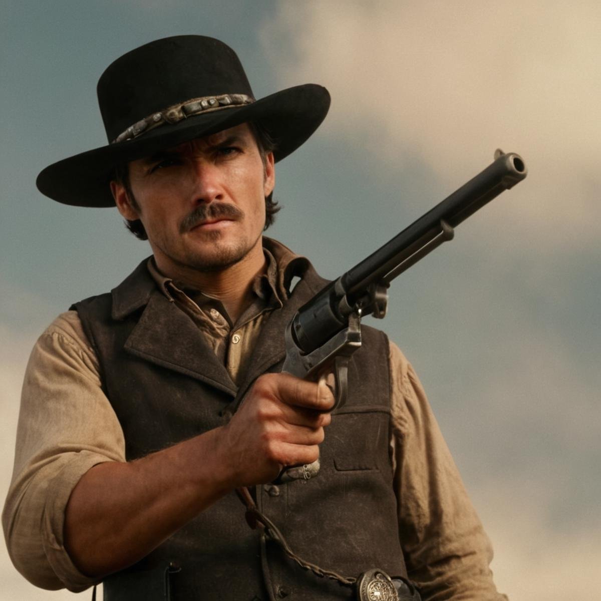 cinematic film still of  <lora:Colt revolver handgun:0.8>a man in a hat holding a gun,solo,looking at viewer,black hair,1boy,hat,holding,weapon,male focus,holding weapon,vest,gun,black headwear,facial hair,holding gun,handgun,brown background,realistic,mustache,revolver , gun, handgun, pistol, revolver, wild west, western, red dead redemption style, Colt Single Action revolver handgun, black gun, perfect hand grip <lora:Perfect Hands:1>, shallow depth of field, vignette, highly detailed, high budget, bokeh, cinemascope, moody, epic, gorgeous, film grain, grainy