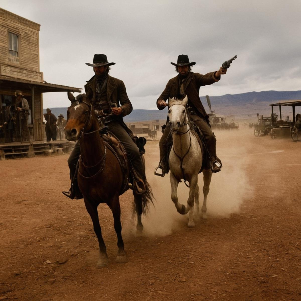 Neon noir,  <lora:Colt revolver handgun:1>a man riding a horse in a town,hat,weapon,outdoors,multiple boys,sky,day,cloud,gun,animal,fire,ground vehicle,building,smoke,city,road,riding,horse,cowboy hat,revolver,cigar,desert,horseback riding,dust,cowboy western,saddle , gun, handgun, pistol, revolver, wild west, western, red dead redemption style, Colt Single Action revolver handgun, dirt road, smoke, fire, western film scene, gunfight, gunslinger, Cyberpunk, dark, rainy streets, neon signs, high contrast, low light, vibrant, highly detailed