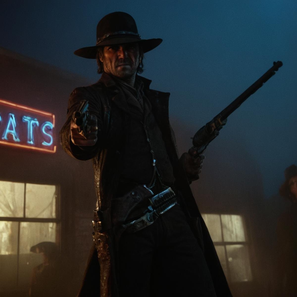 Neon noir,  <lora:Colt revolver handgun:1>a man with a gun standing next to a dead animal,black hair,hat,holding,weapon,male focus,multiple boys,pants,holding weapon,coat,gun,blood,bird,holding gun,handgun,skull,smoking,cowboy hat,revolver,death,corpse , gun, handgun, pistol, revolver, wild west, western, red dead redemption style, Colt Single Action revolver handgun, low angle from below, angry, creepy, dead skulls, skulls, skeleton body, Cyberpunk, dark, rainy streets, neon signs, high contrast, low light, vibrant, highly detailed