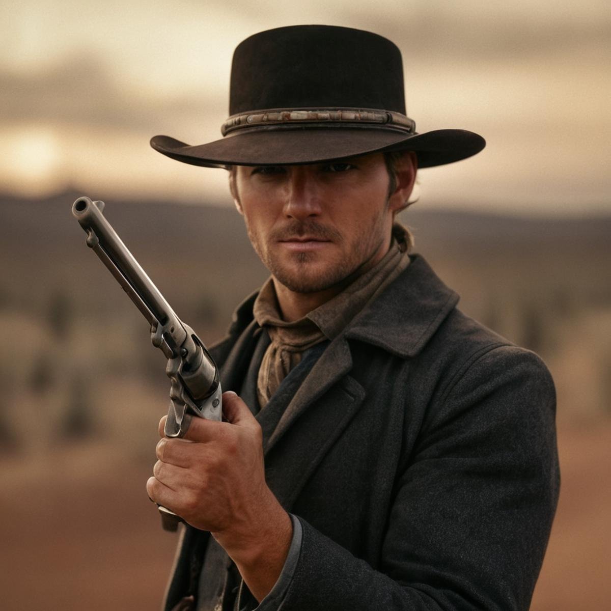 cinematic film still of  <lora:Colt revolver handgun:0.8>a man in a hat holding a Colt revolver handgun,solo,1boy,hat,holding,male focus,belt,coat,black headwear,brown background , gun, handgun, pistol, revolver, wild west, western, red dead redemption style, Colt Single Action revolver handgun, gunslinger, reloading gun, sheriff, shallow depth of field, vignette, highly detailed, high budget, bokeh, cinemascope, moody, epic, gorgeous, film grain, grainy