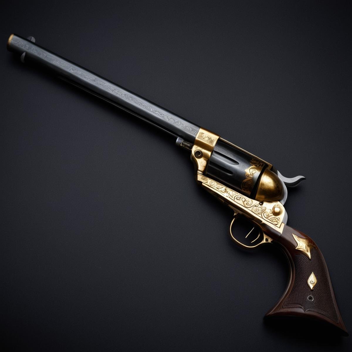 cinematic film still of  <lora:Colt revolver handgun:0.8>a perfect gun with a gold decoration on it,simple background,weapon,sword,gun,no humans,black background,glint,still life , gun, handgun, pistol, revolver, wild west, western, red dead redemption style, Colt Single Action revolver handgun, shallow depth of field, vignette, highly detailed, high budget, bokeh, cinemascope, moody, epic, gorgeous, film grain, grainy