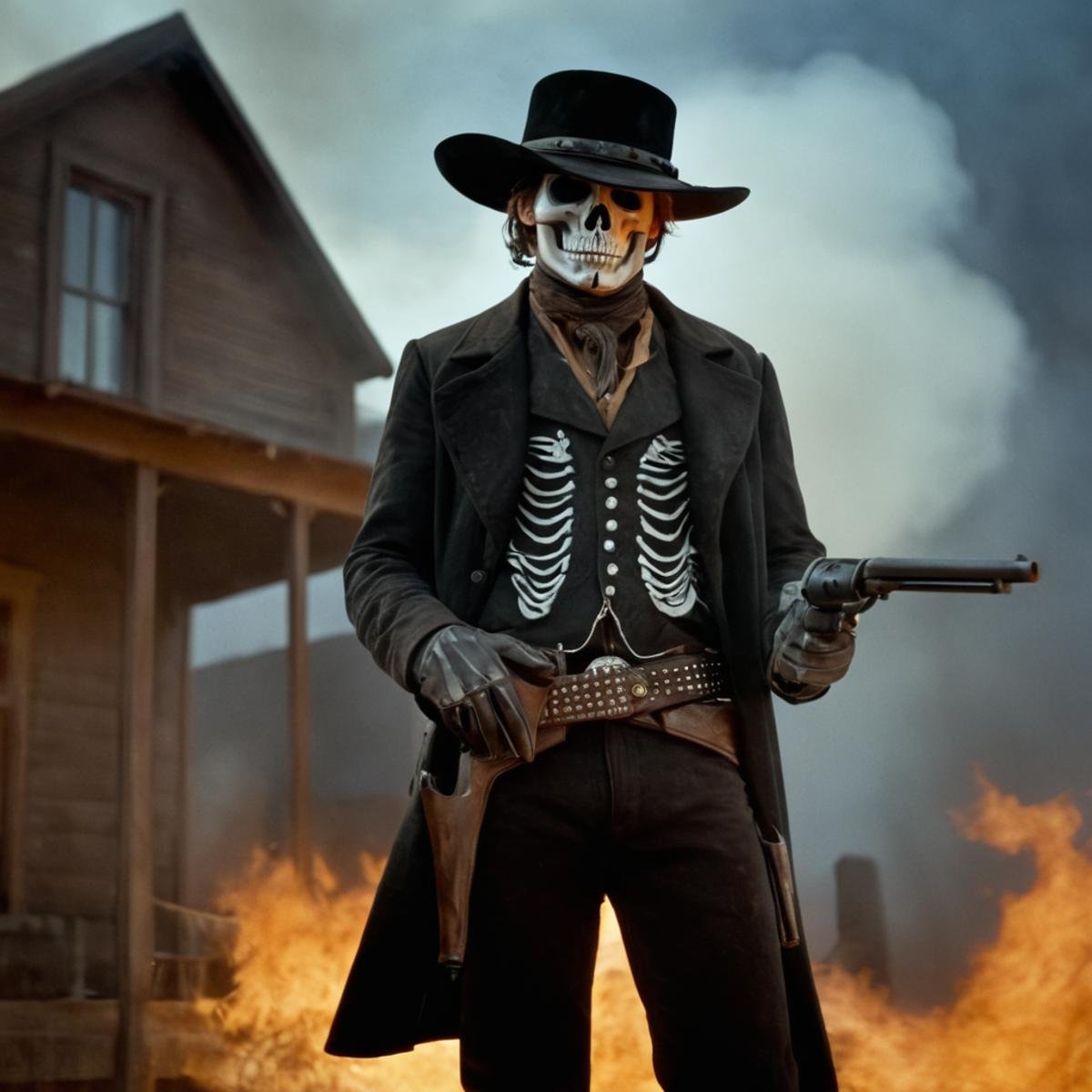 cinematic film still of  <lora:Colt revolver handgun:0.8>a skeleton dressed in a cowboy outfit holding a colt gun,solo,gloves,1boy,hat,holding,weapon,male focus,outdoors,black gloves,belt,pants,cloud,holding weapon,gun,torn clothes,fire,holding gun,brown gloves,handgun,smoke,skull,arrow (projectile),holster,skeleton,cowboy hat,revolver,burning,holstered weapon , gun, handgun, pistol, revolver, wild west, western, red dead redemption style, Colt Single Action revolver handgun, gunslinger, fire in background, house on fire in background, smoke, wild west town <lora:Perfect Hands:1>, shallow depth of field, vignette, highly detailed, high budget, bokeh, cinemascope, moody, epic, gorgeous, film grain, grainy