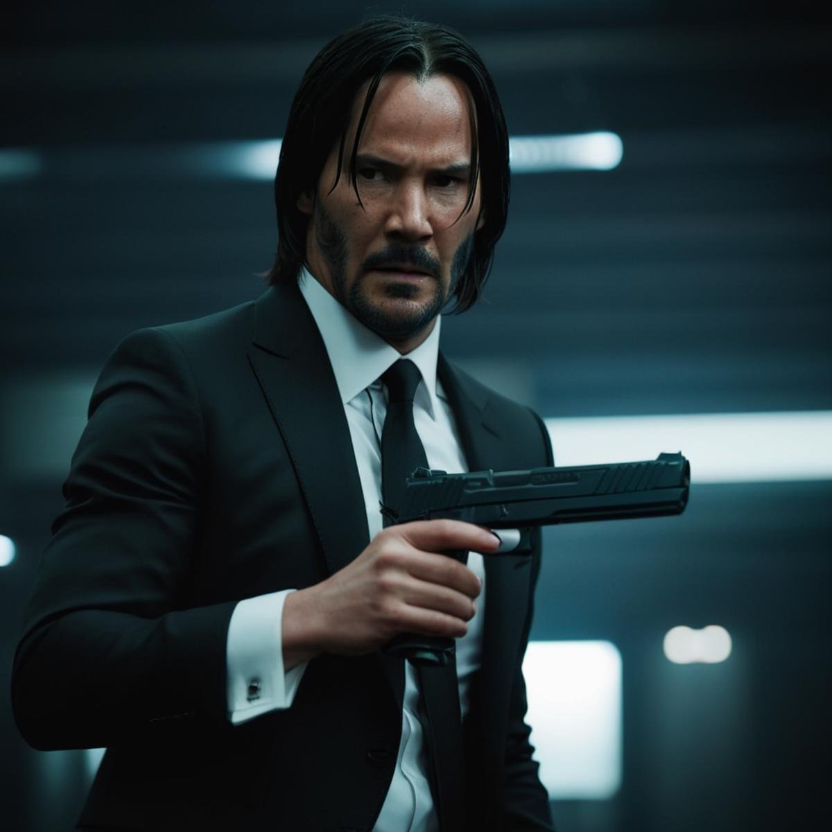 cinematic film still of  <lora:STI 1911:0.8>John Wick, TTI Pit Viper STI 1911 pistol hand gun weapon, a man in a suit holding a gun,solo,shirt,black hair,long sleeves,1boy,holding,jacket,white shirt,upper body,weapon,male focus,collared shirt,indoors,holding weapon,black jacket,gun,formal,suit,holding gun,handgun ,action film style, low angle from below, shallow depth of field, vignette, highly detailed, high budget, bokeh, cinemascope, moody, epic, gorgeous, film grain, grainy